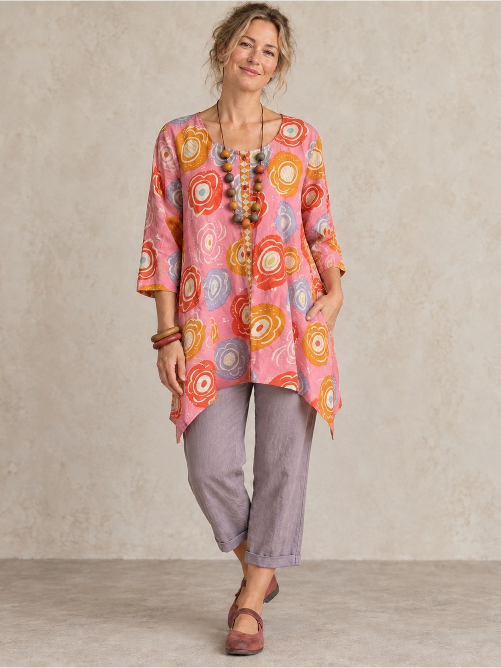 Gudrun Sjoden Organic Cotton Pink Floral Tunic Top Small Pockets Asymmetric